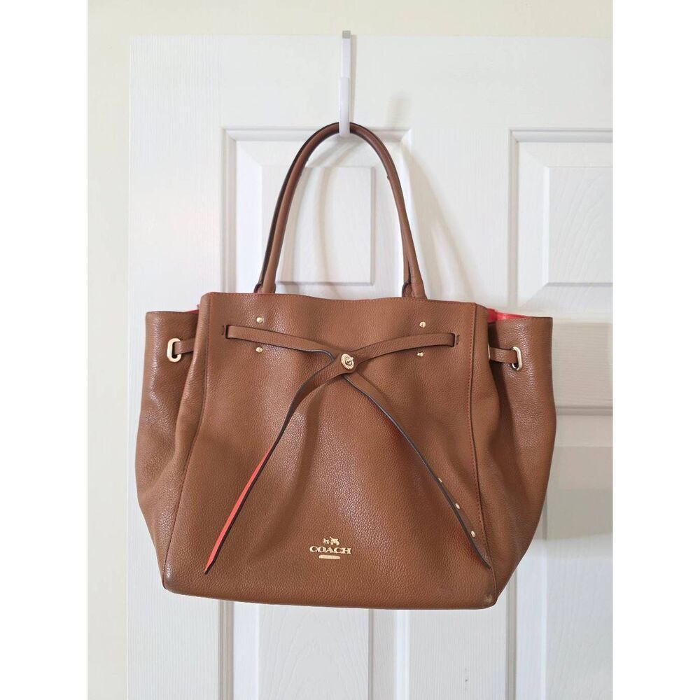 Coach Turnlock Tie Pebble Leather Brown and Orange Tote 35838 - Picture 1 of 10